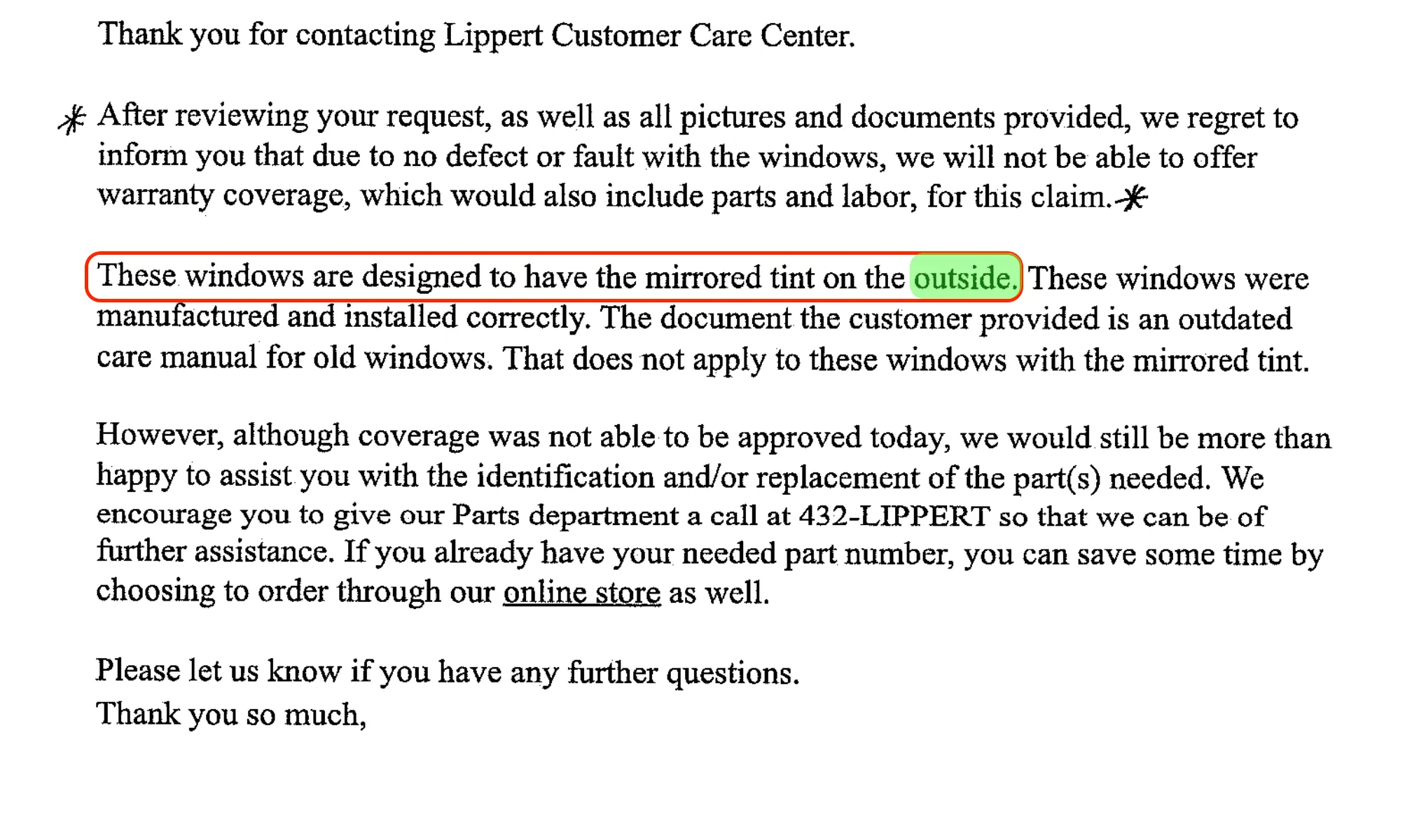 Lippert email response regarding window installation