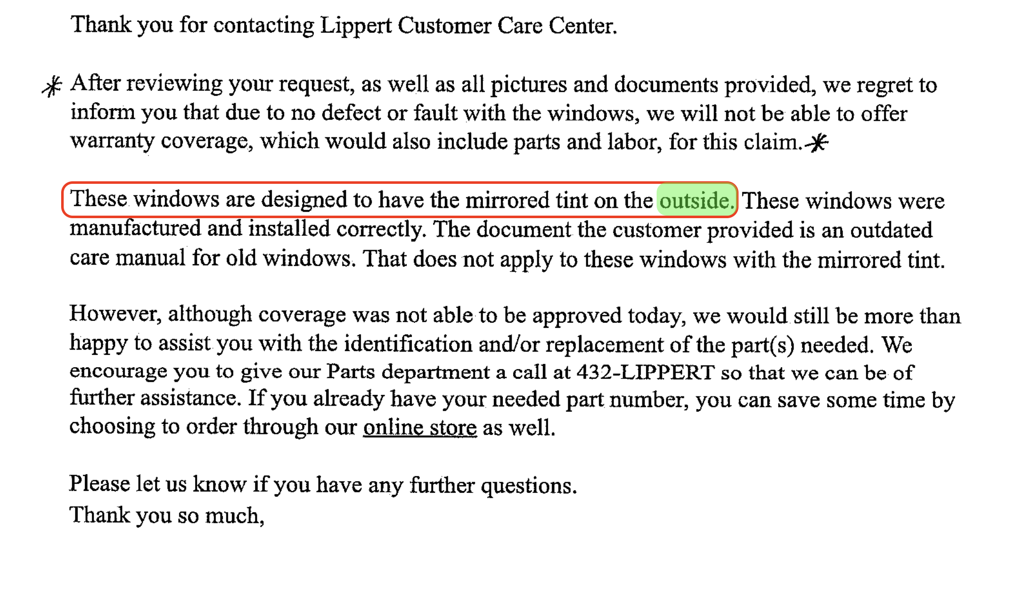 Lippert email response regarding window installation